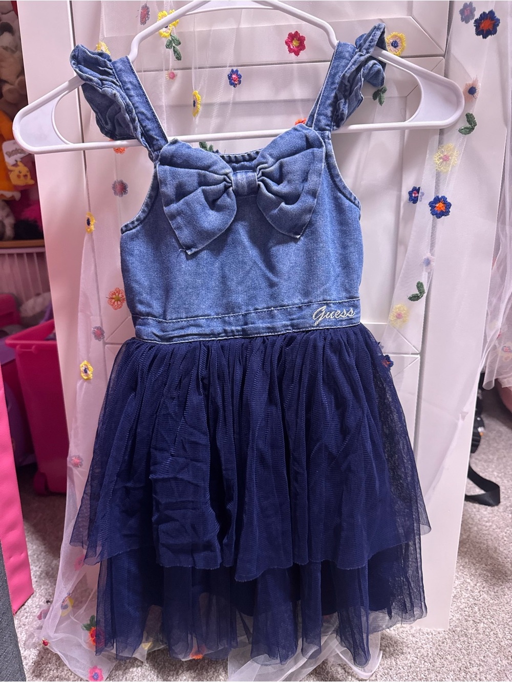 Guess Kids Girls Size 6X Denim Bow Navy Tulle Party Dress